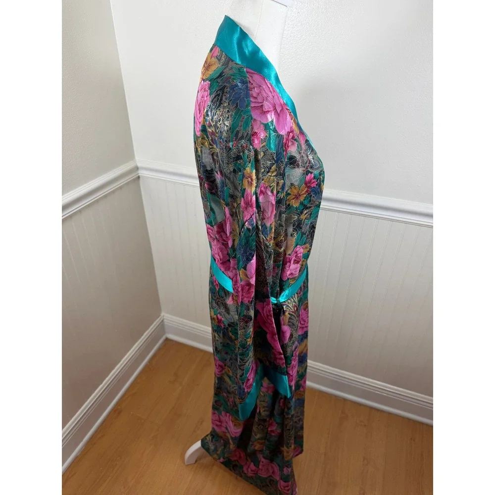 Inner Most Sears Vintage Long Floral Kimono Robe Teal‎ Trim Sheer Women Size L